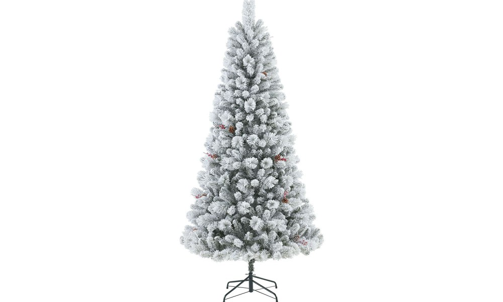 The Holiday Time 7.5 foot pre-lit flocked artificial Christmas Tree on a white background.