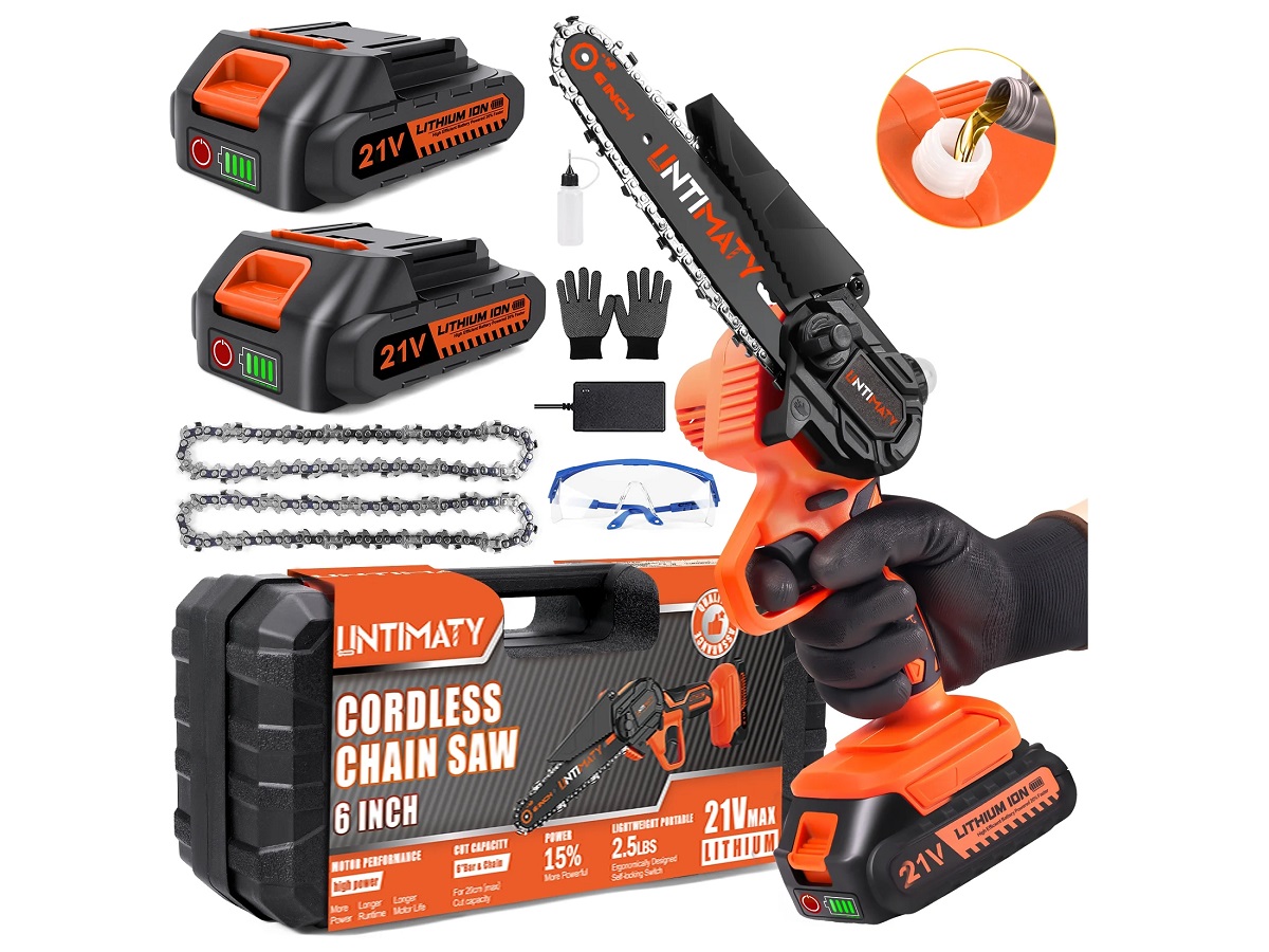 The Untimaty 6-inch Cordless Chainsaw and its accessories.