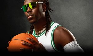 Jrue Holiday wears Jrue Holiday x Zenni eyewear collab sunglasses.