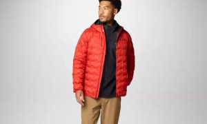 A model wearing the Columbia Men's Delta Ridge II Down Hooded Jacket.