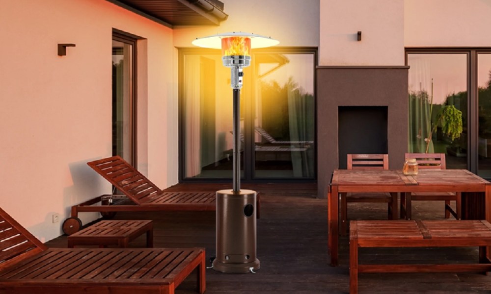 The EDX 48,000 BTU Propane Patio Heater set up outdoors.