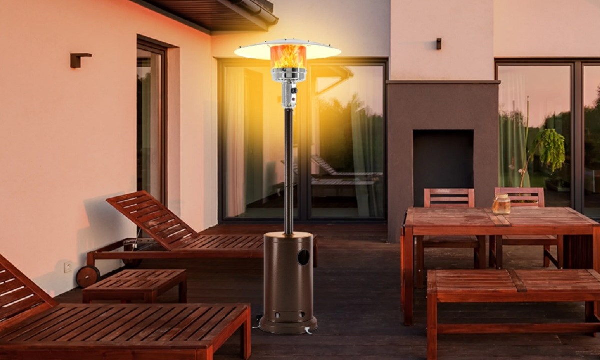 The EDX 48,000 BTU Propane Patio Heater set up outdoors.