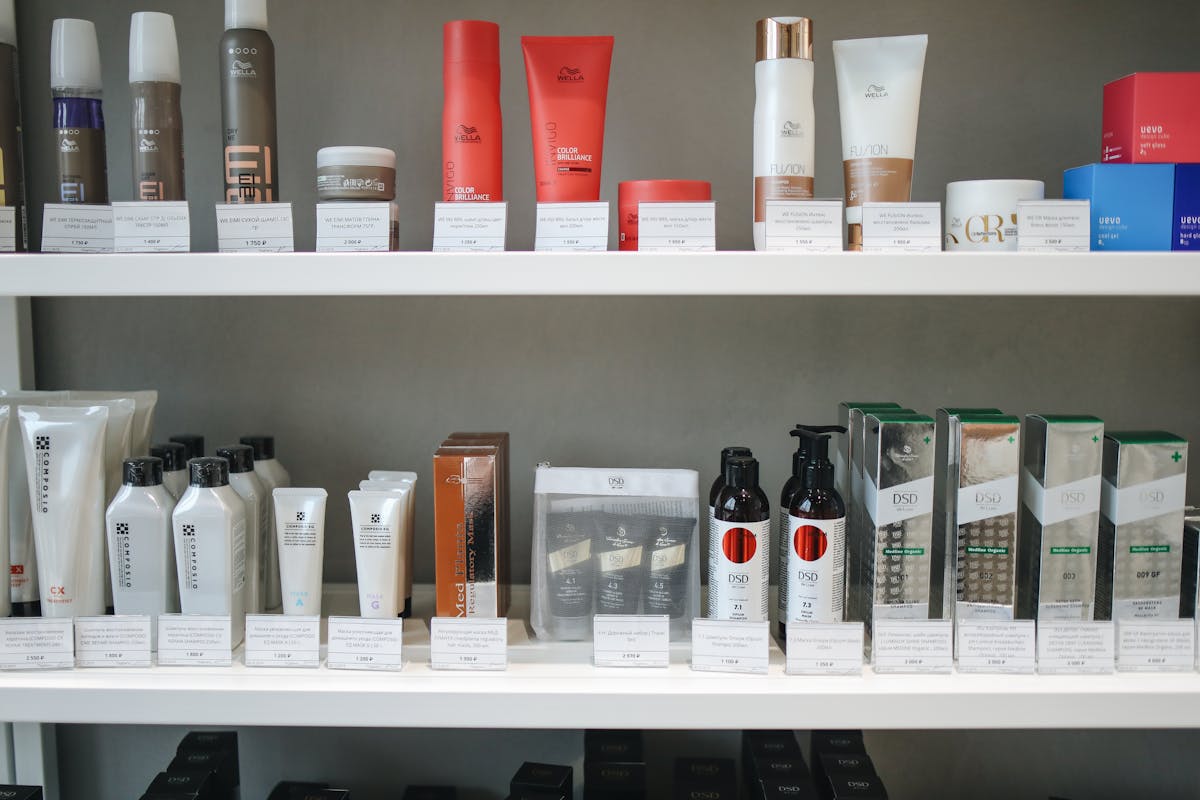 Skincare products on shelves at store