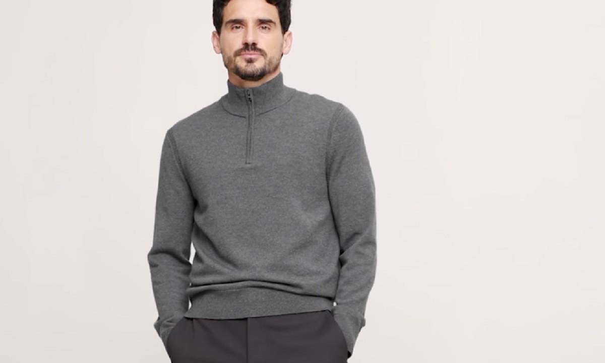 A model wearing the Banana Republic Italian Merino Half-Zip Sweater.