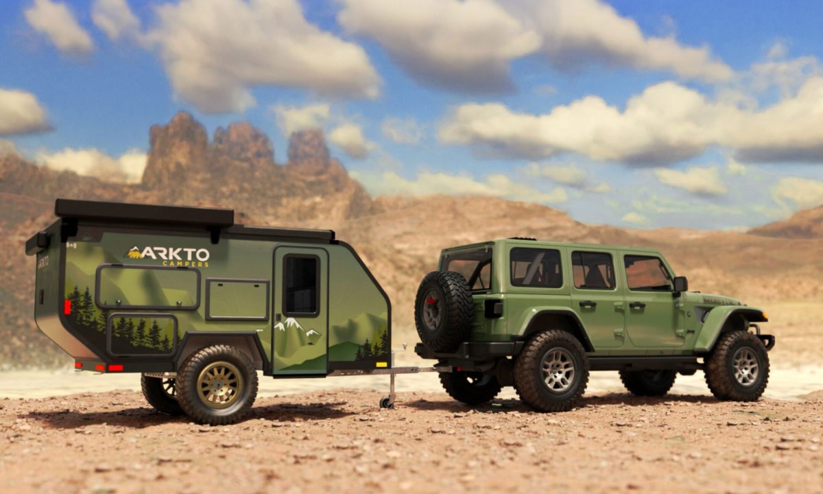 Studio rendering of an Arkto C10 camper being towed by a green Jeep through the desert.